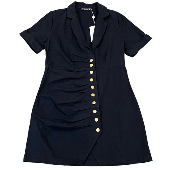 FINAL TOUCH BOHME black dress button front ruching size large 100%  cotton - Picture 1 of 9